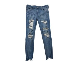 American Eagle Next Level Stretch Distressed Skinny Jeans Blue Womens 16 Regular